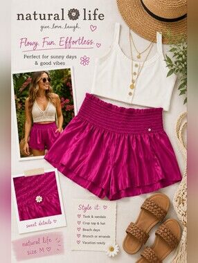 Natural Life Pink Flowy Smocked Waist Shorts Boho Size M